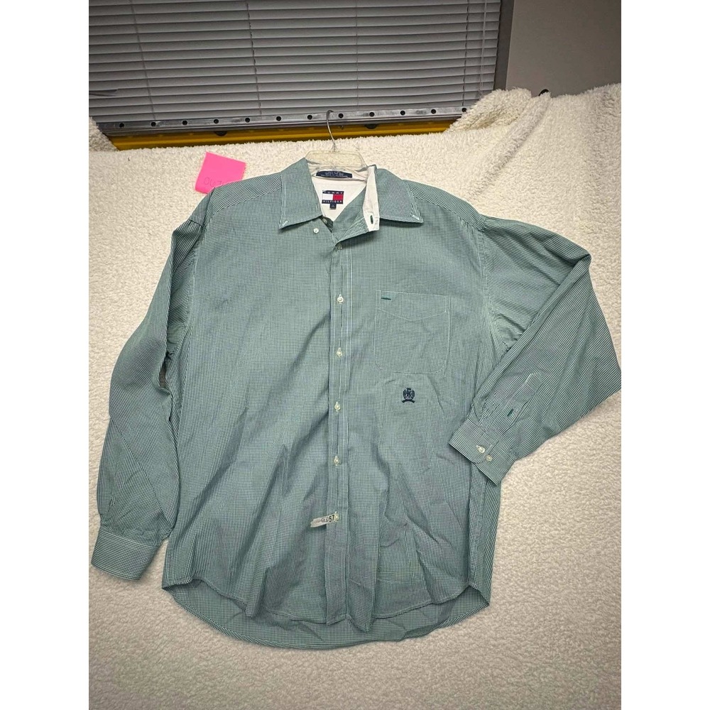 Tommy Hilfiger Mens Green White Gingham Button Down Shirt Crest Logo Large